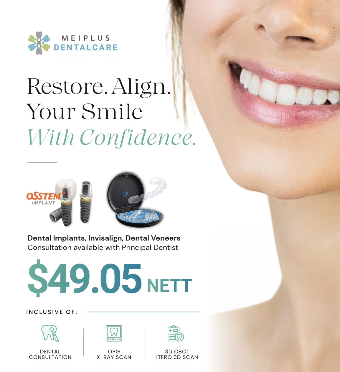 $49.05 NETT consultation for Dental Implants, Invisalign and Dental Veneers at Meiplus Dentalcare